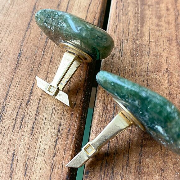 Natural Green Stone Cufflinks Vintage Amazonite Jade Agate Formal Stylish - Picture 3 of 7